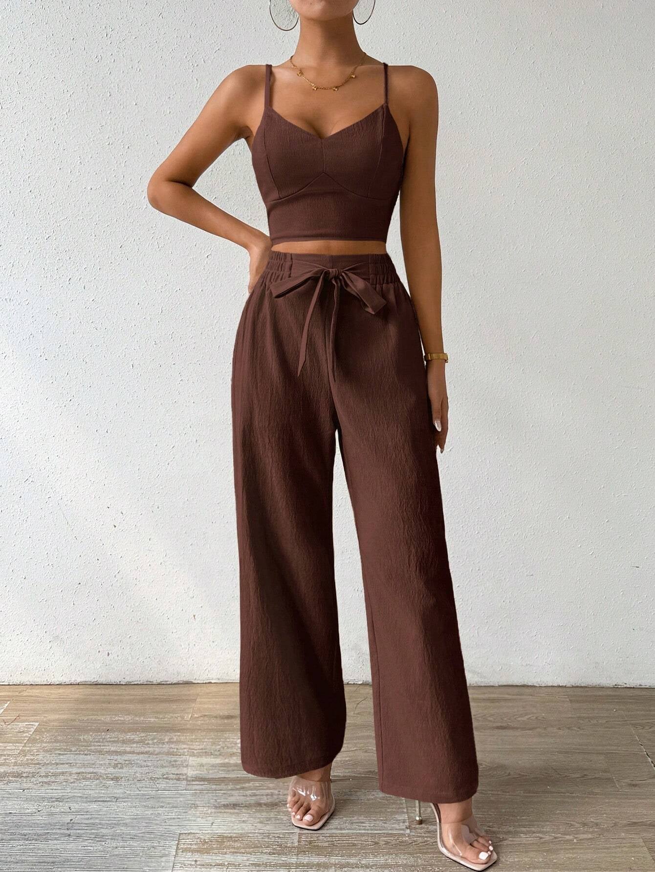 SHEIN RaffinéA Women'S Push-Up Bra Cup Strap Top with Bowknot, Elastic Straight Pants, Holiday 2Pcs Set