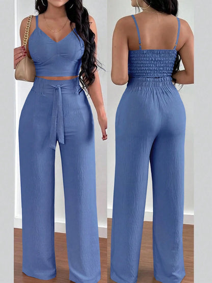 SHEIN RaffinéA Women'S Push-Up Bra Cup Strap Top with Bowknot, Elastic Straight Pants, Holiday 2Pcs Set