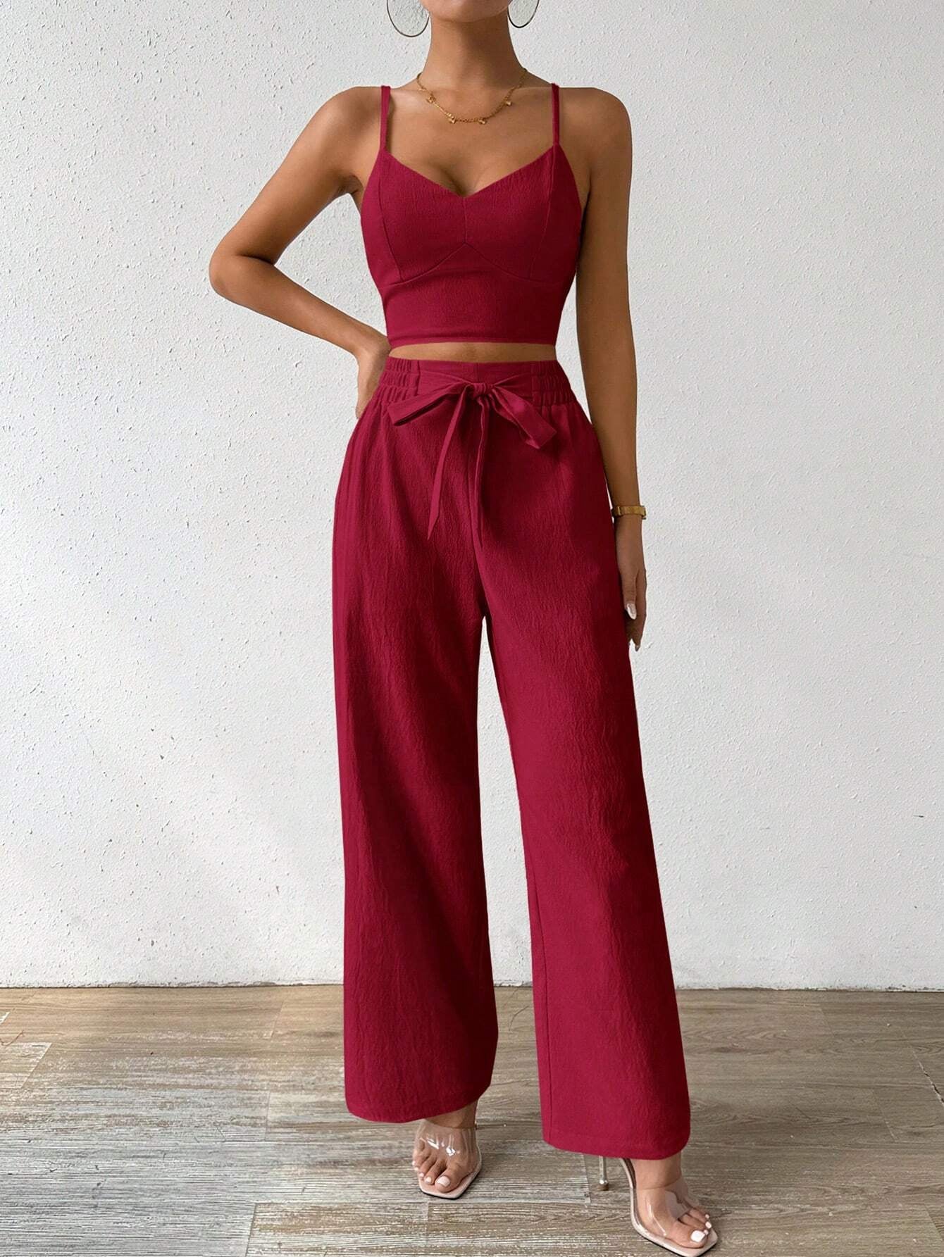 SHEIN RaffinéA Women'S Push-Up Bra Cup Strap Top with Bowknot, Elastic Straight Pants, Holiday 2Pcs Set