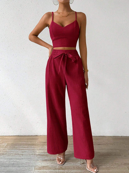 SHEIN RaffinéA Women'S Push-Up Bra Cup Strap Top with Bowknot, Elastic Straight Pants, Holiday 2Pcs Set