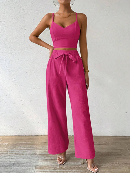 SHEIN RaffinéA Women'S Push-Up Bra Cup Strap Top with Bowknot, Elastic Straight Pants, Holiday 2Pcs Set