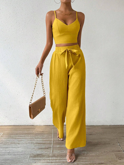 SHEIN RaffinéA Women'S Push-Up Bra Cup Strap Top with Bowknot, Elastic Straight Pants, Holiday 2Pcs Set