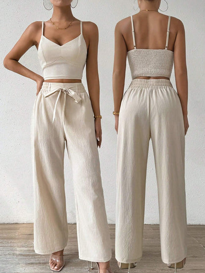 SHEIN RaffinéA Women'S Push-Up Bra Cup Strap Top with Bowknot, Elastic Straight Pants, Holiday 2Pcs Set