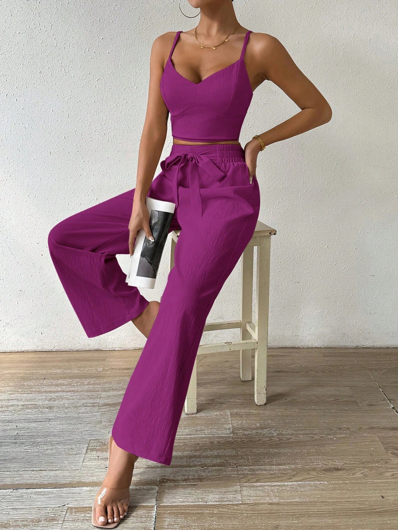 SHEIN RaffinéA Women'S Push-Up Bra Cup Strap Top with Bowknot, Elastic Straight Pants, Holiday 2Pcs Set