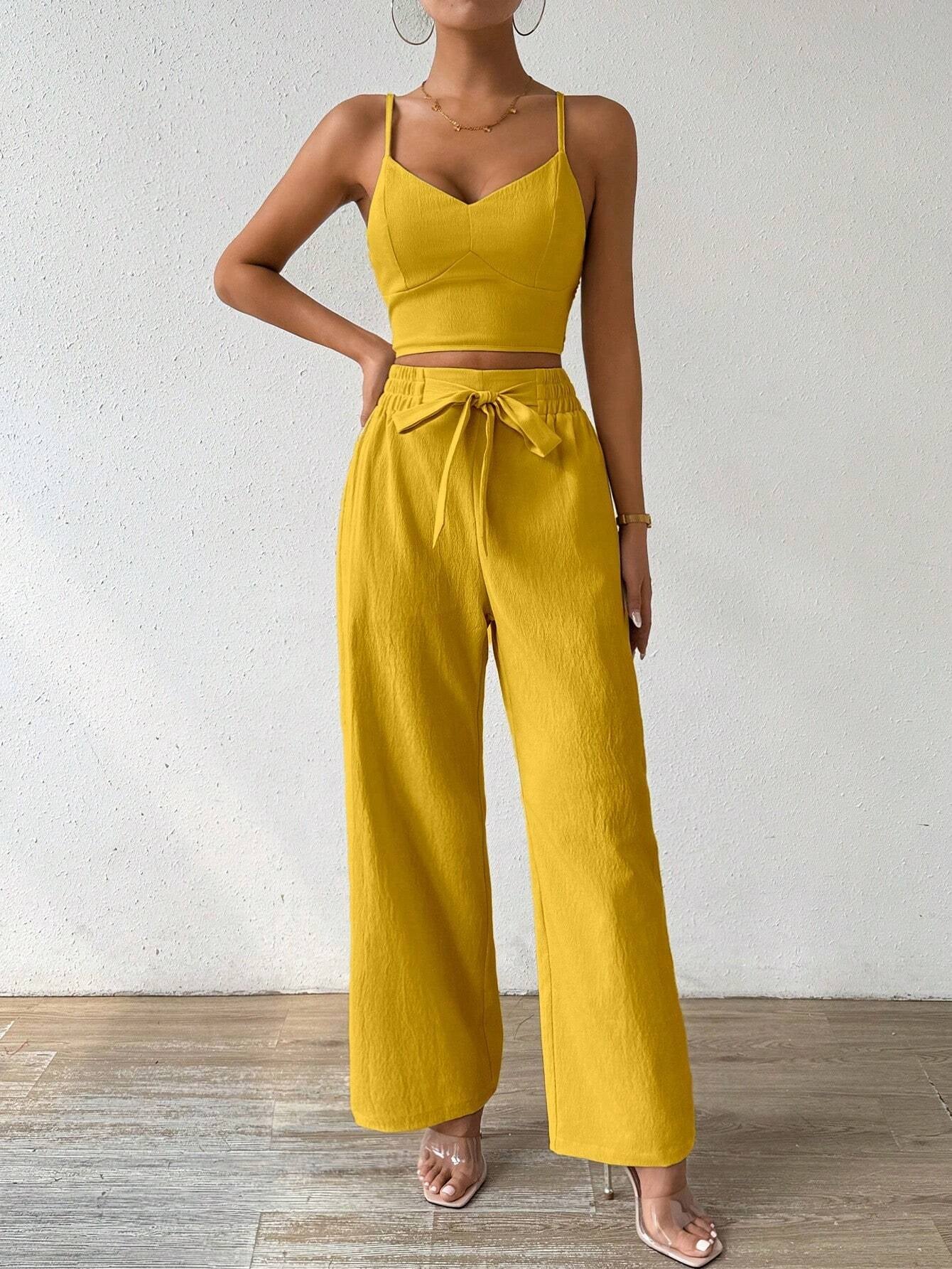 SHEIN RaffinéA Women'S Push-Up Bra Cup Strap Top with Bowknot, Elastic Straight Pants, Holiday 2Pcs Set