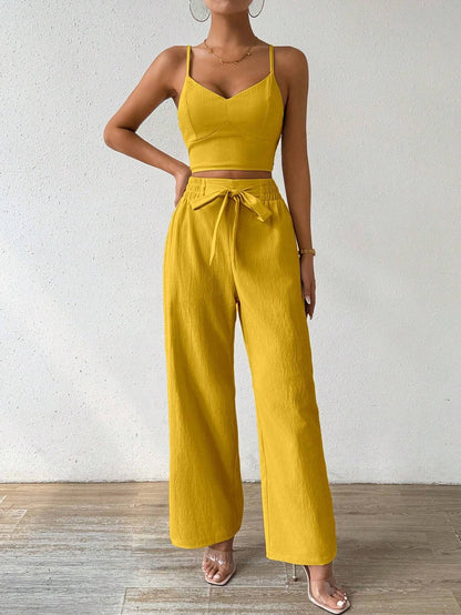 SHEIN RaffinéA Women'S Push-Up Bra Cup Strap Top with Bowknot, Elastic Straight Pants, Holiday 2Pcs Set