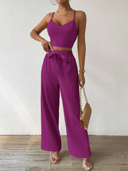 SHEIN RaffinéA Women'S Push-Up Bra Cup Strap Top with Bowknot, Elastic Straight Pants, Holiday 2Pcs Set