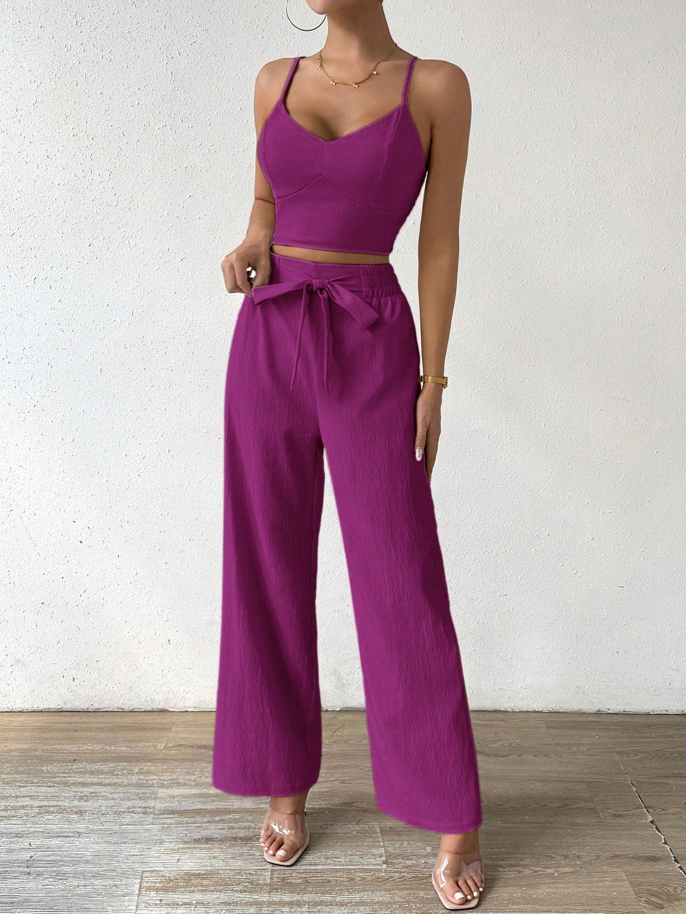 SHEIN RaffinéA Women'S Push-Up Bra Cup Strap Top with Bowknot, Elastic Straight Pants, Holiday 2Pcs Set