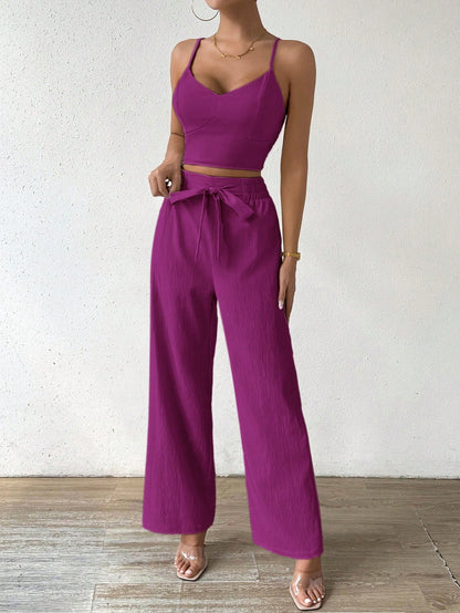 SHEIN RaffinéA Women'S Push-Up Bra Cup Strap Top with Bowknot, Elastic Straight Pants, Holiday 2Pcs Set