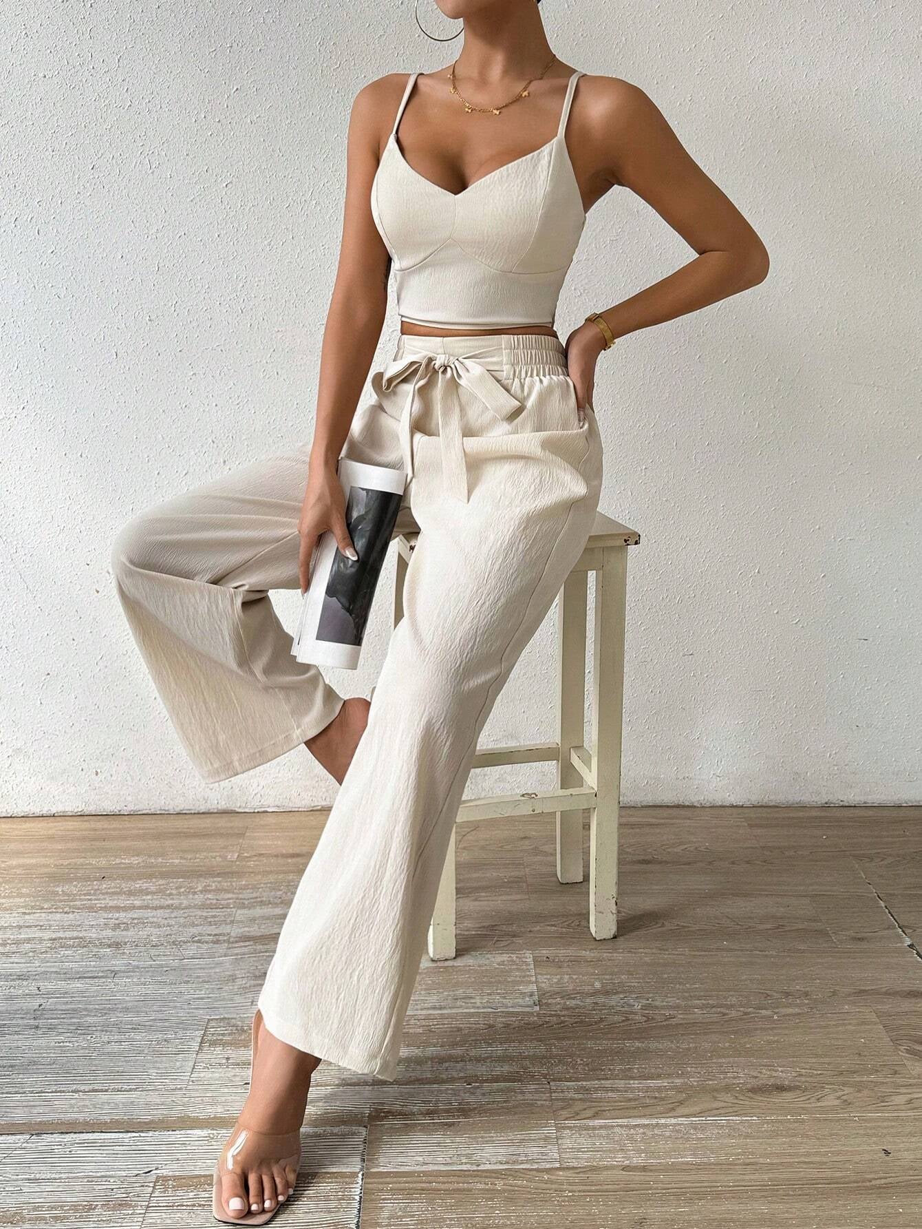 SHEIN RaffinéA Women'S Push-Up Bra Cup Strap Top with Bowknot, Elastic Straight Pants, Holiday 2Pcs Set
