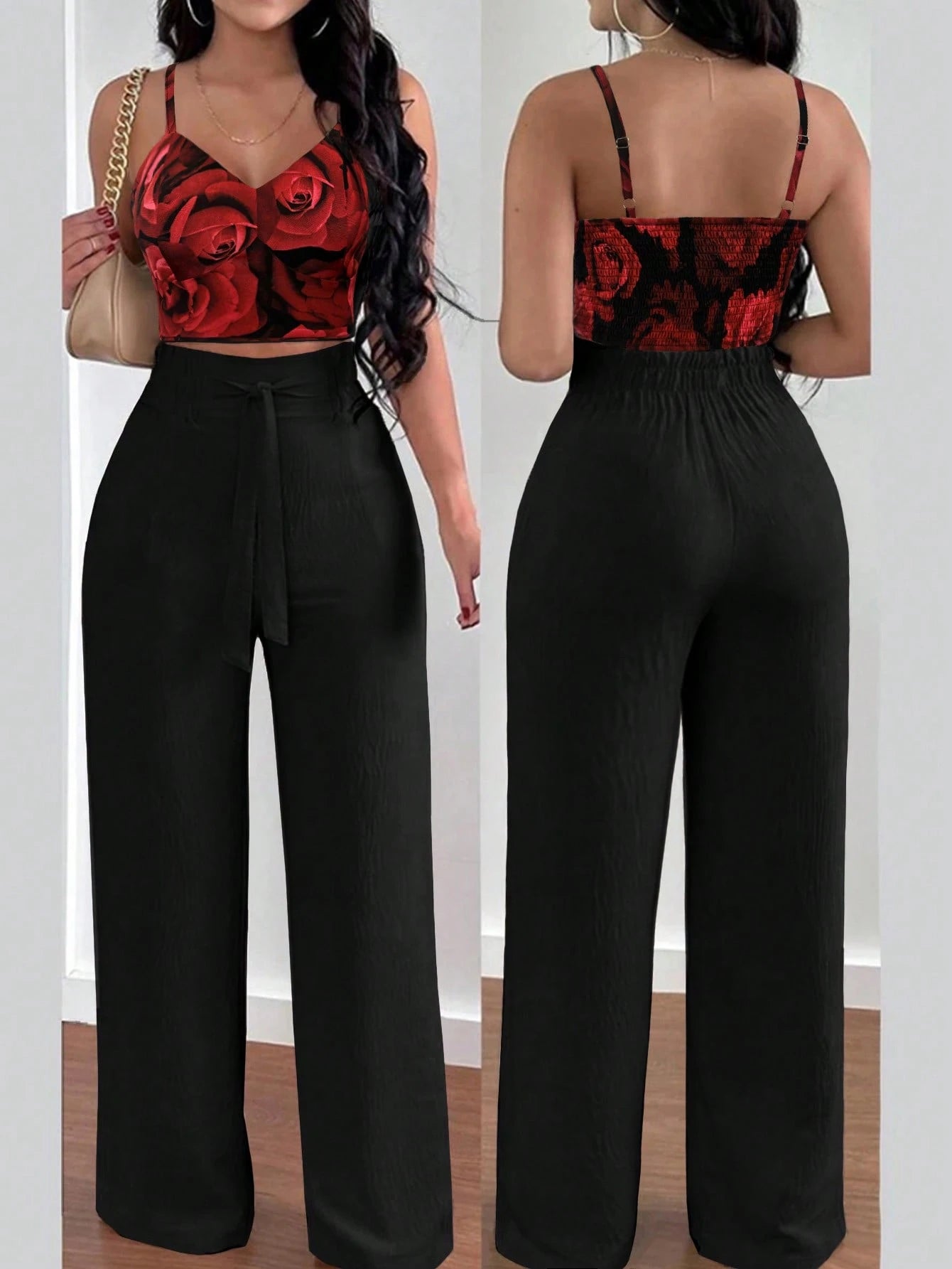 SHEIN RaffinéA Women'S Push-Up Bra Cup Strap Top with Bowknot, Elastic Straight Pants, Holiday 2Pcs Set