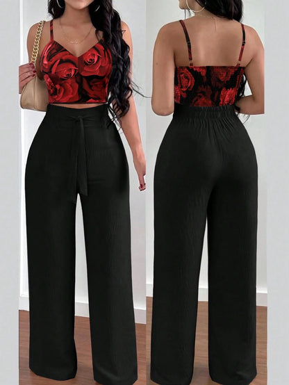 SHEIN RaffinéA Women'S Push-Up Bra Cup Strap Top with Bowknot, Elastic Straight Pants, Holiday 2Pcs Set
