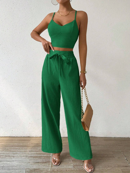SHEIN RaffinéA Women'S Push-Up Bra Cup Strap Top with Bowknot, Elastic Straight Pants, Holiday 2Pcs Set