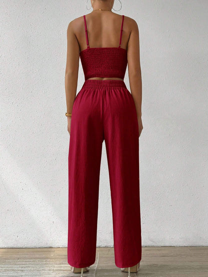 SHEIN RaffinéA Women'S Push-Up Bra Cup Strap Top with Bowknot, Elastic Straight Pants, Holiday 2Pcs Set