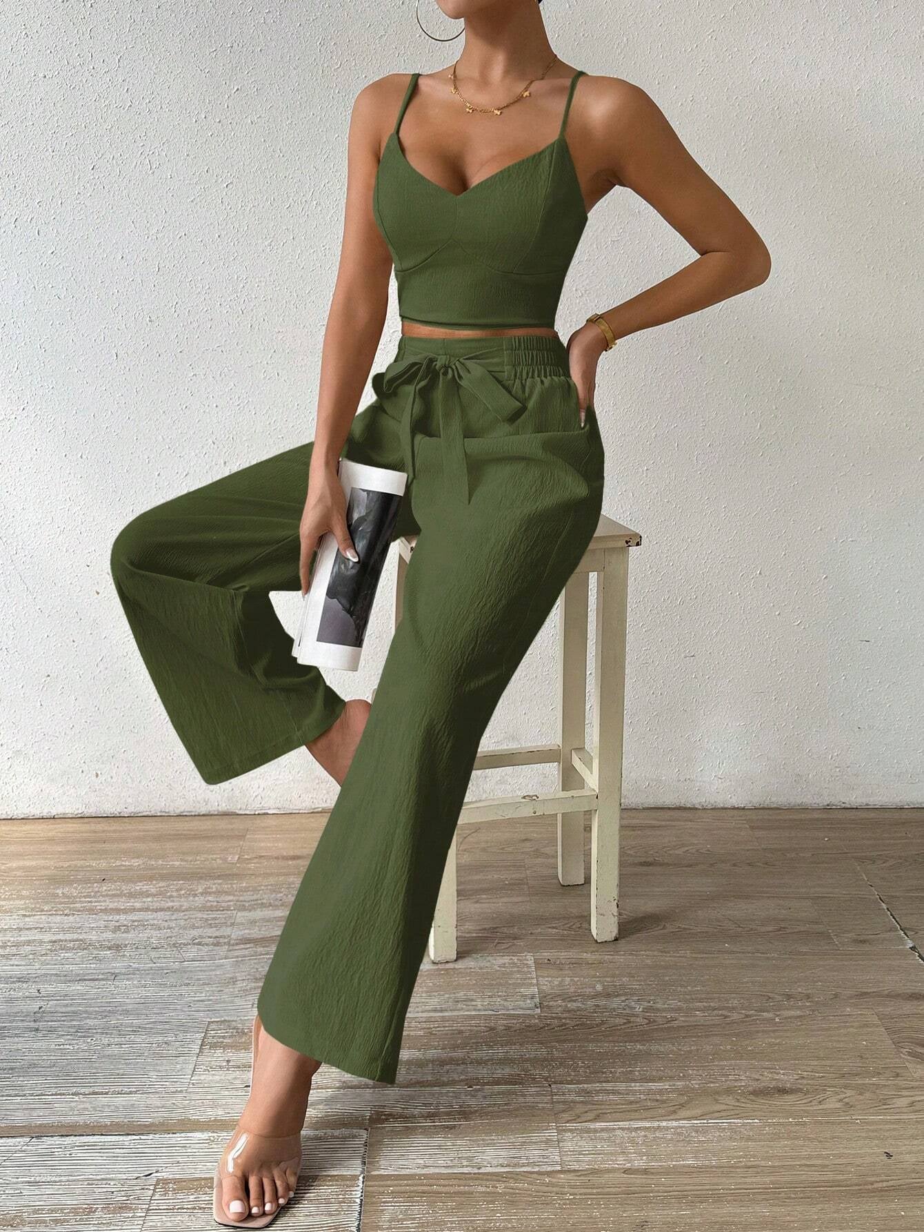 SHEIN RaffinéA Women'S Push-Up Bra Cup Strap Top with Bowknot, Elastic Straight Pants, Holiday 2Pcs Set