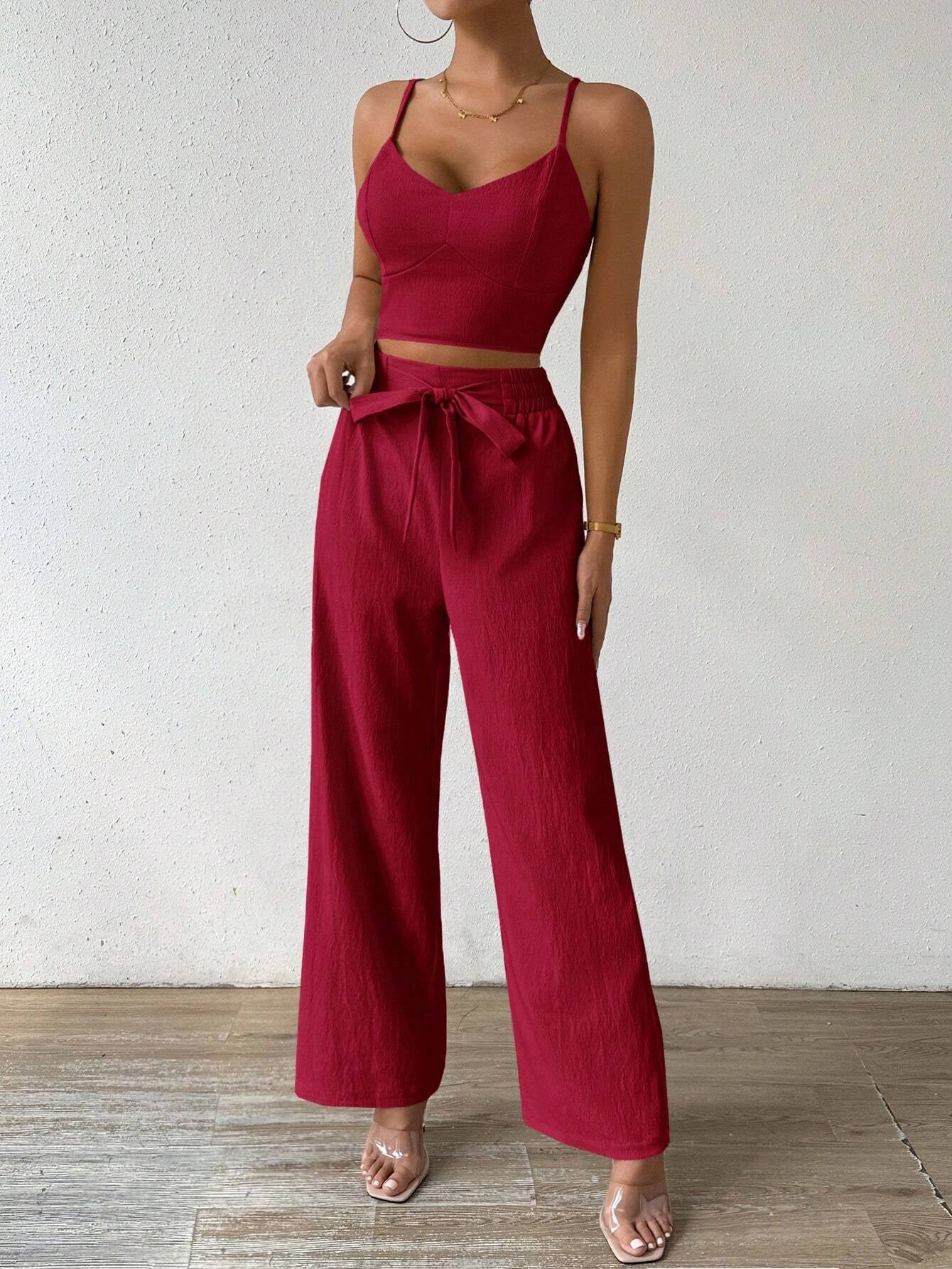 SHEIN RaffinéA Women'S Push-Up Bra Cup Strap Top with Bowknot, Elastic Straight Pants, Holiday 2Pcs Set