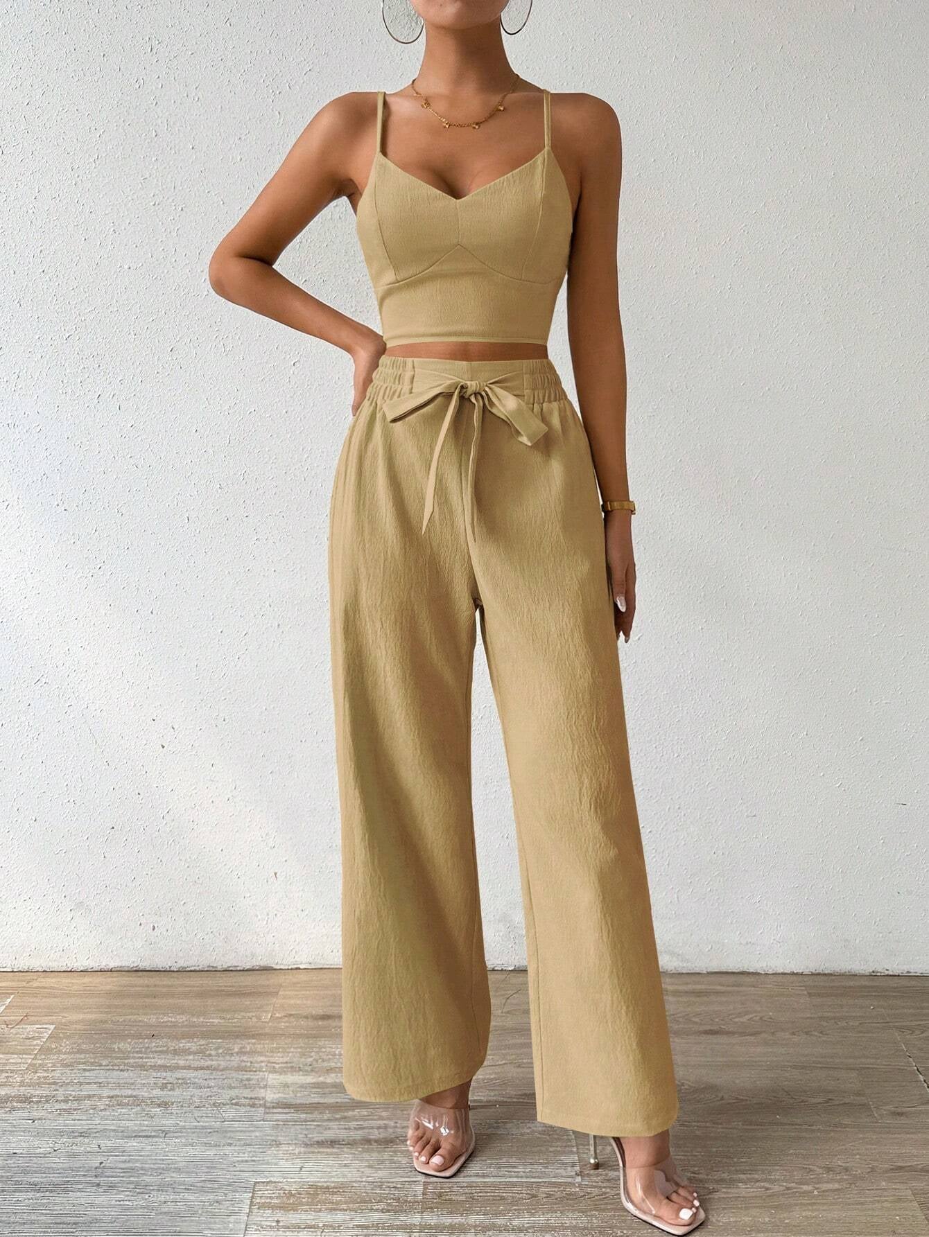 SHEIN RaffinéA Women'S Push-Up Bra Cup Strap Top with Bowknot, Elastic Straight Pants, Holiday 2Pcs Set