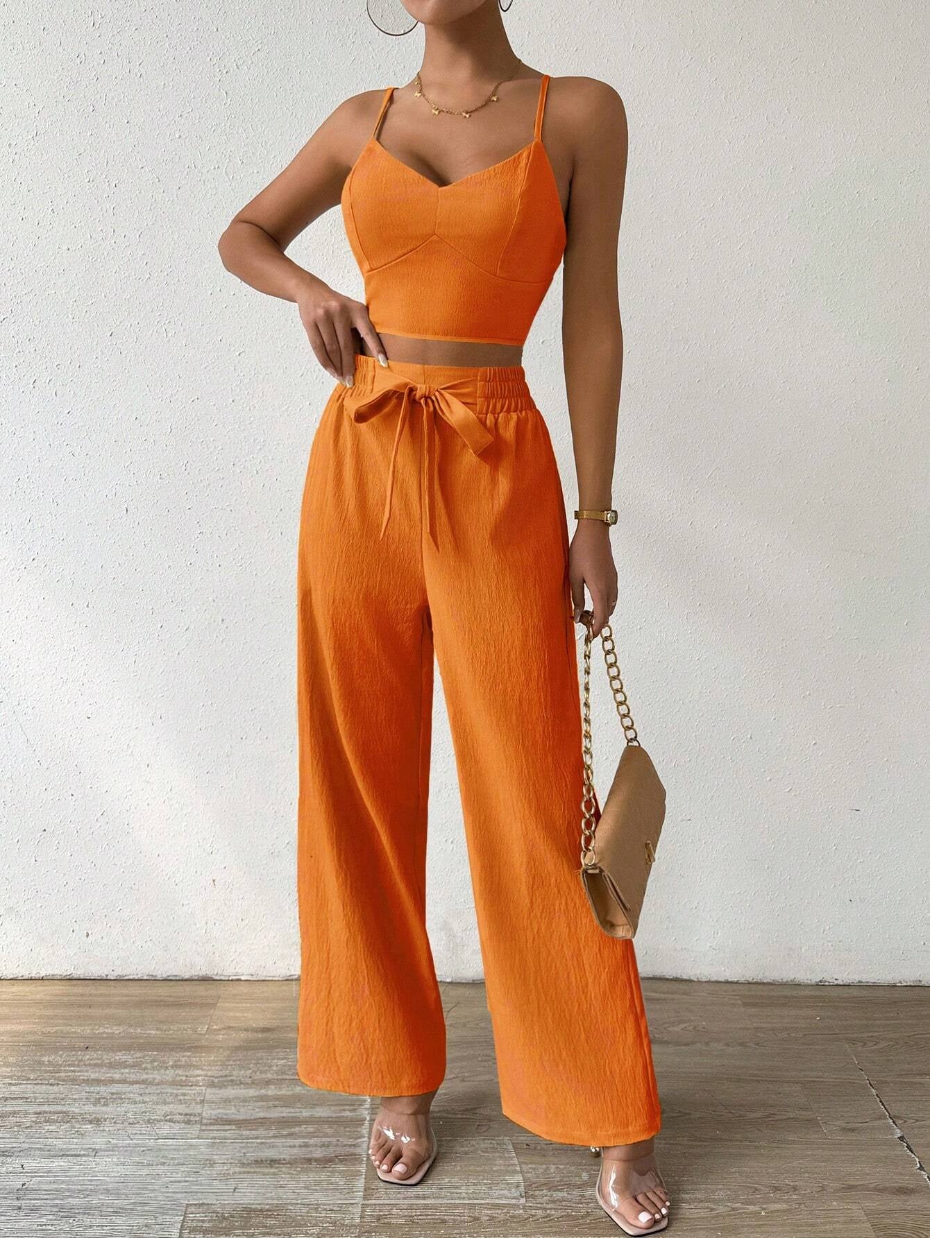 SHEIN RaffinéA Women'S Push-Up Bra Cup Strap Top with Bowknot, Elastic Straight Pants, Holiday 2Pcs Set