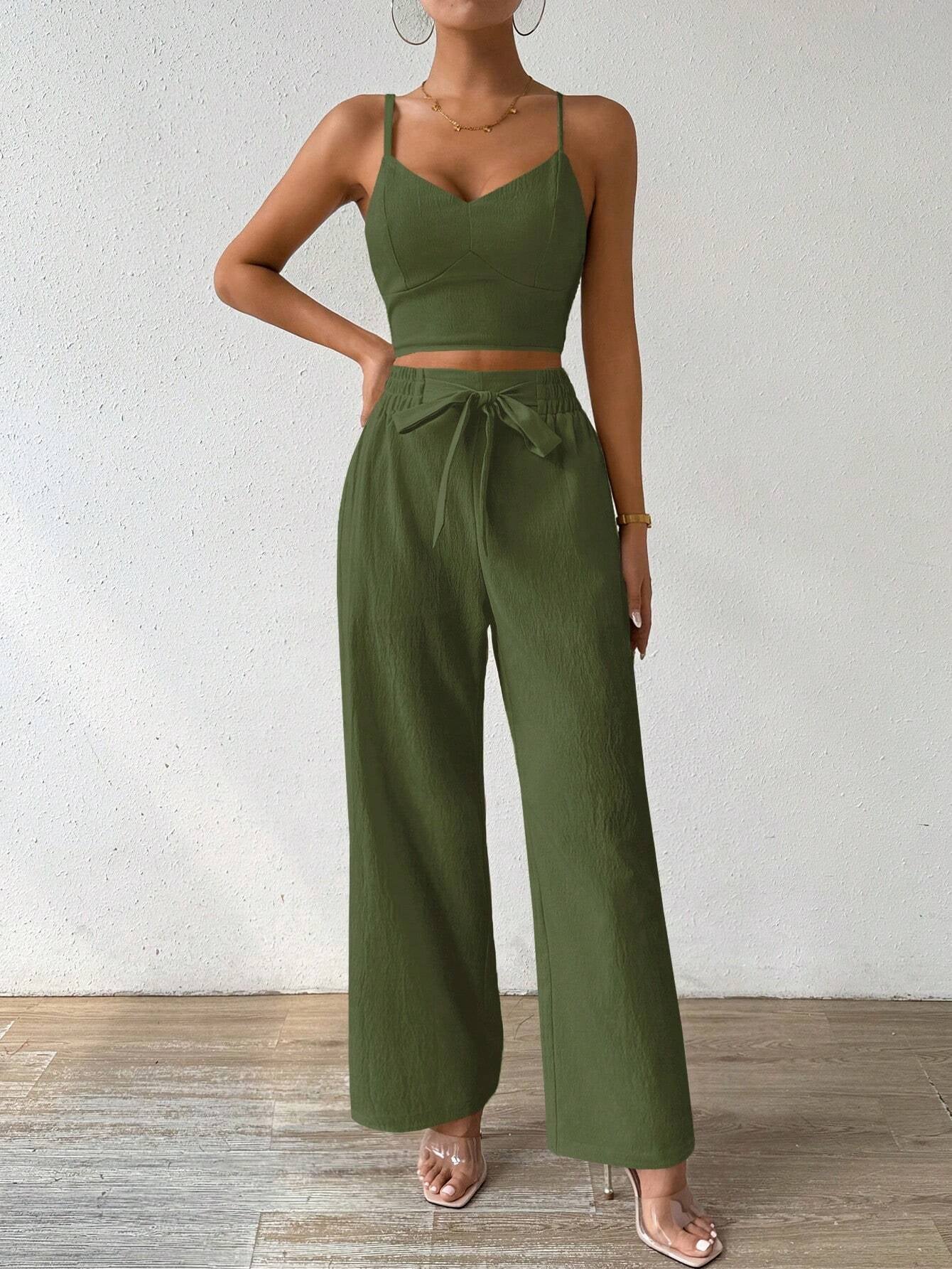 SHEIN RaffinéA Women'S Push-Up Bra Cup Strap Top with Bowknot, Elastic Straight Pants, Holiday 2Pcs Set