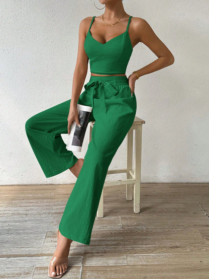 SHEIN RaffinéA Women'S Push-Up Bra Cup Strap Top with Bowknot, Elastic Straight Pants, Holiday 2Pcs Set