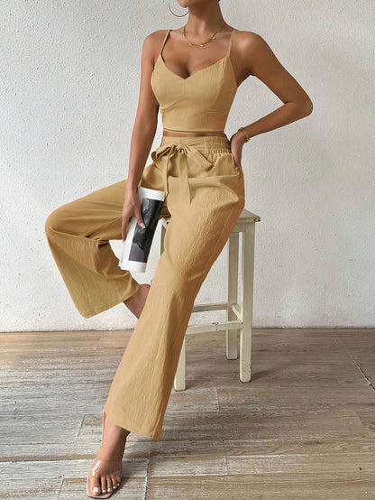 SHEIN RaffinéA Women'S Push-Up Bra Cup Strap Top with Bowknot, Elastic Straight Pants, Holiday 2Pcs Set