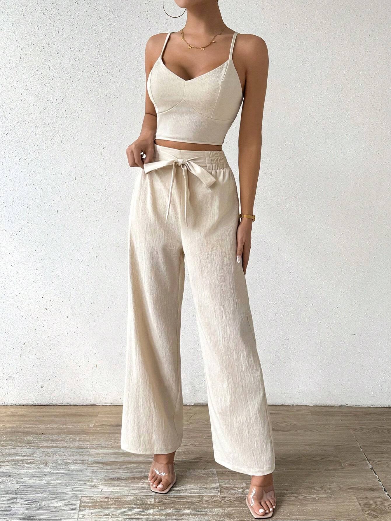 SHEIN RaffinéA Women'S Push-Up Bra Cup Strap Top with Bowknot, Elastic Straight Pants, Holiday 2Pcs Set