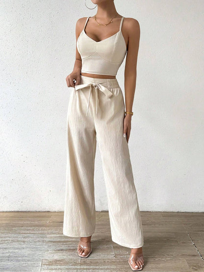 SHEIN RaffinéA Women'S Push-Up Bra Cup Strap Top with Bowknot, Elastic Straight Pants, Holiday 2Pcs Set