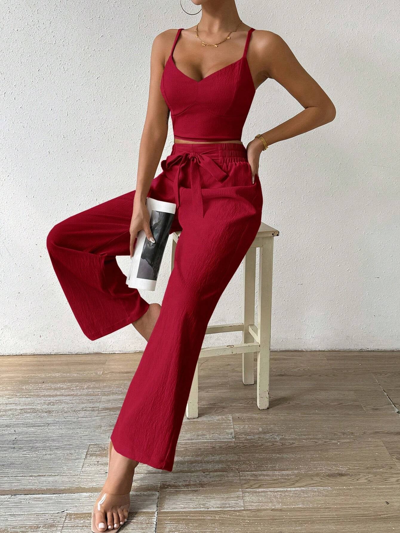 SHEIN RaffinéA Women'S Push-Up Bra Cup Strap Top with Bowknot, Elastic Straight Pants, Holiday 2Pcs Set