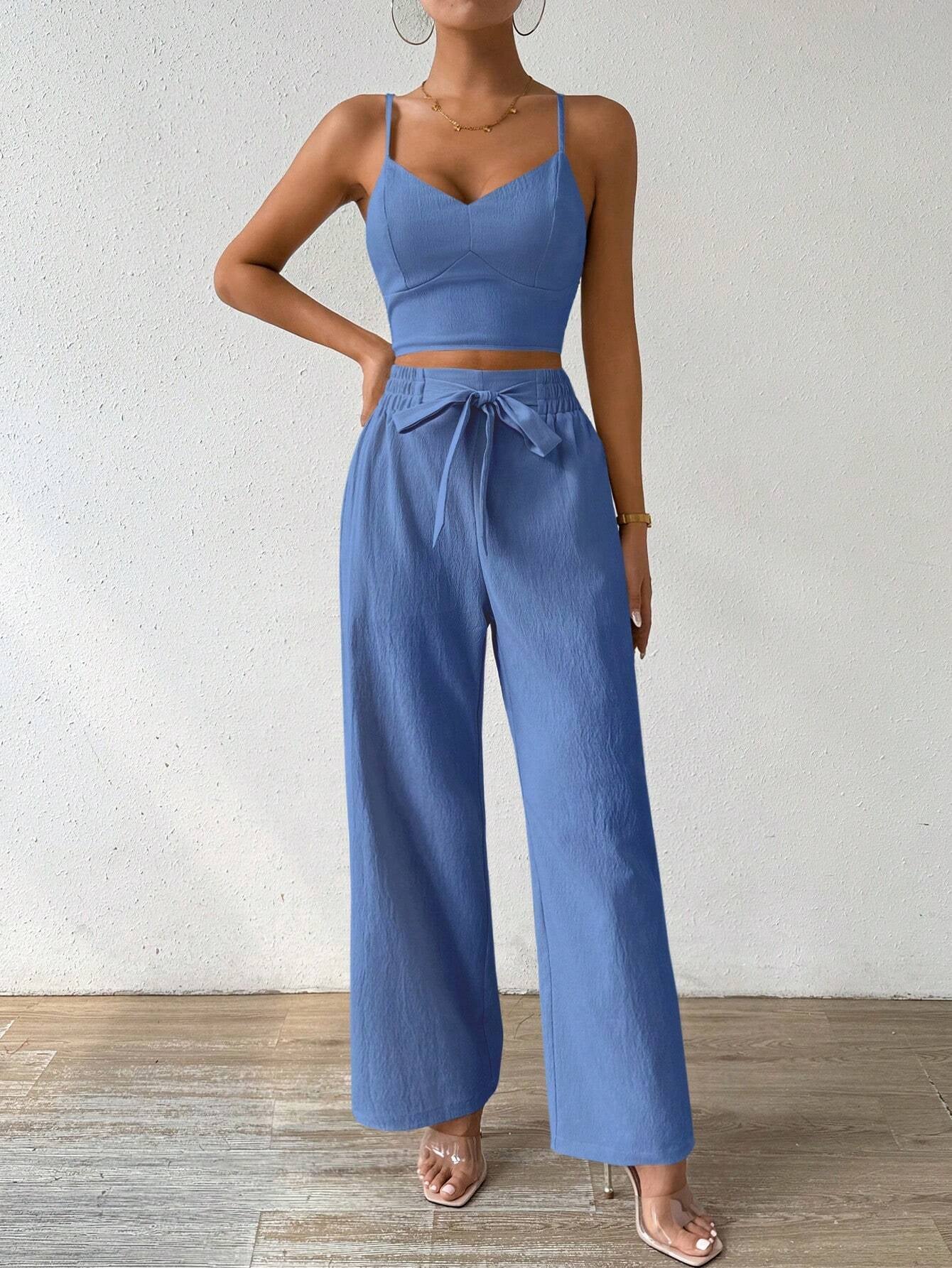 SHEIN RaffinéA Women'S Push-Up Bra Cup Strap Top with Bowknot, Elastic Straight Pants, Holiday 2Pcs Set