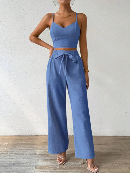SHEIN RaffinéA Women'S Push-Up Bra Cup Strap Top with Bowknot, Elastic Straight Pants, Holiday 2Pcs Set
