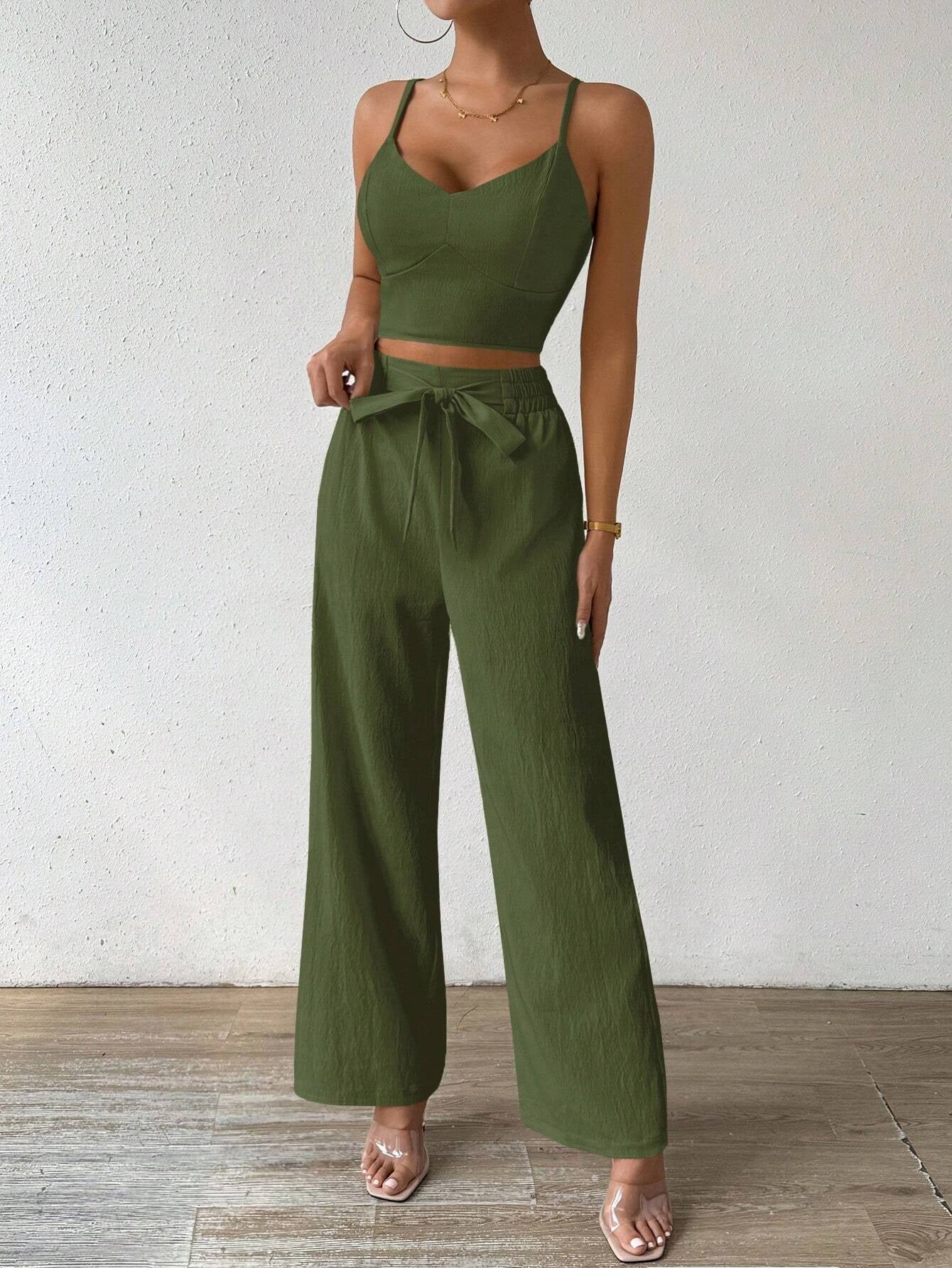 SHEIN RaffinéA Women'S Push-Up Bra Cup Strap Top with Bowknot, Elastic Straight Pants, Holiday 2Pcs Set