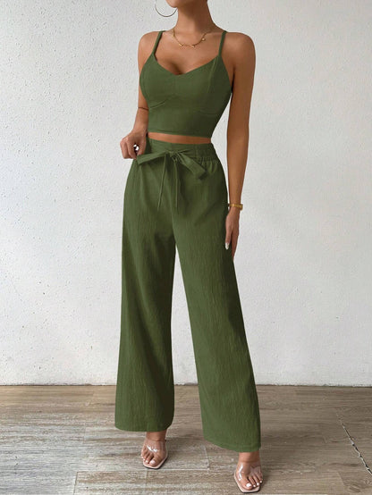 SHEIN RaffinéA Women'S Push-Up Bra Cup Strap Top with Bowknot, Elastic Straight Pants, Holiday 2Pcs Set