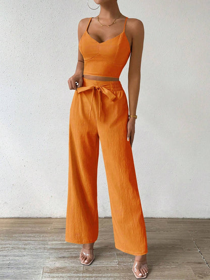 SHEIN RaffinéA Women'S Push-Up Bra Cup Strap Top with Bowknot, Elastic Straight Pants, Holiday 2Pcs Set