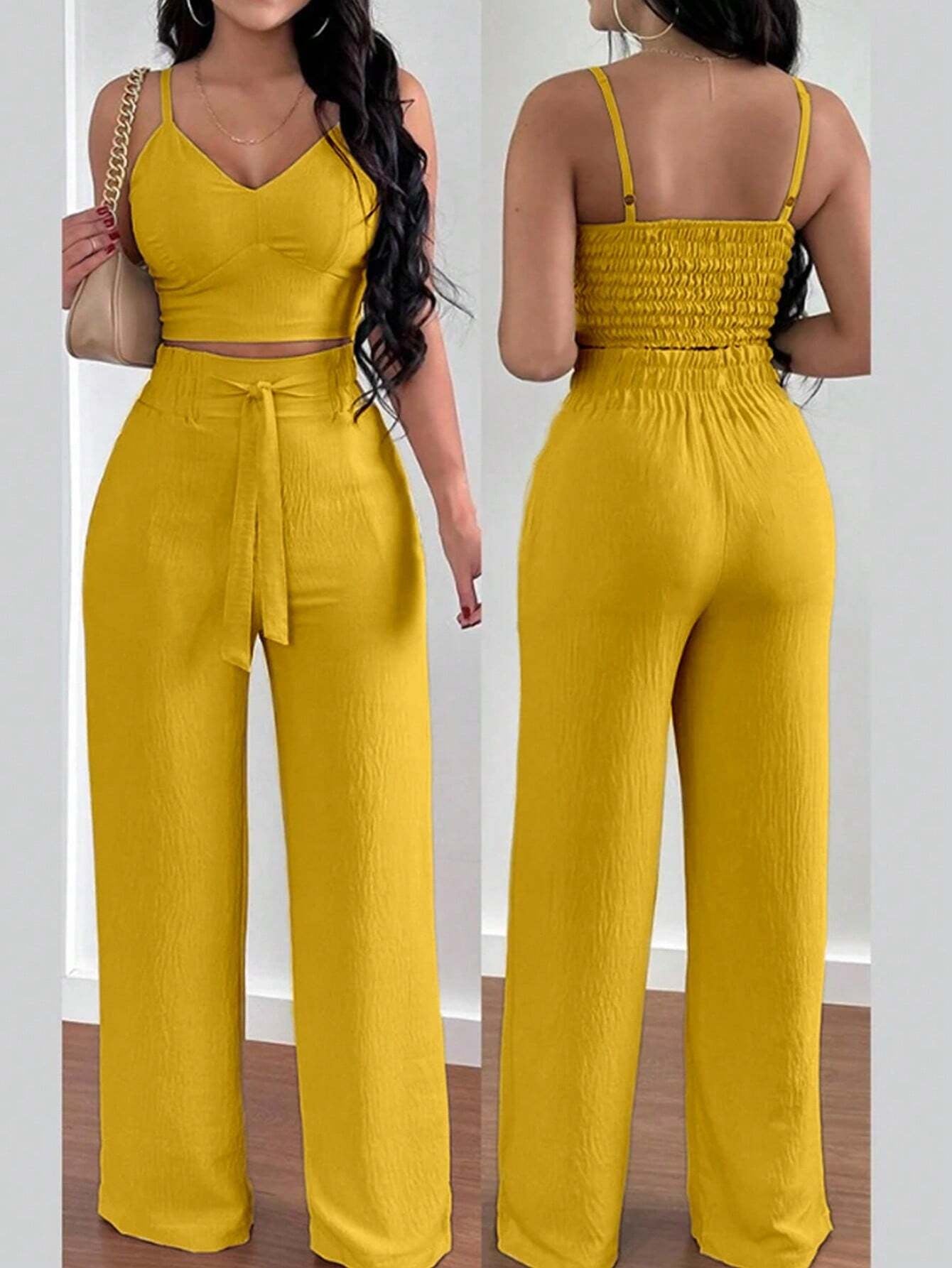 SHEIN RaffinéA Women'S Push-Up Bra Cup Strap Top with Bowknot, Elastic Straight Pants, Holiday 2Pcs Set