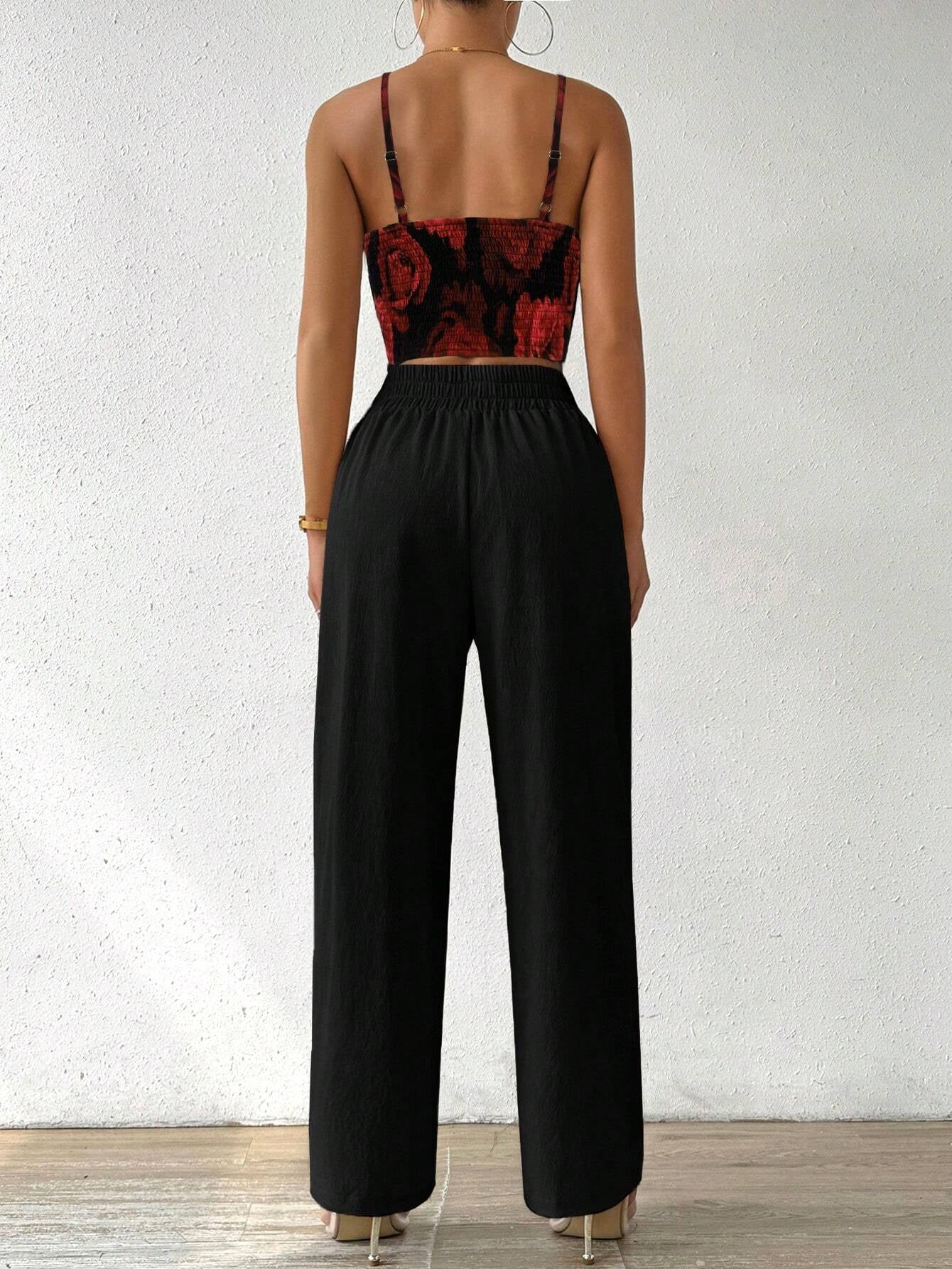 SHEIN RaffinéA Women'S Push-Up Bra Cup Strap Top with Bowknot, Elastic Straight Pants, Holiday 2Pcs Set