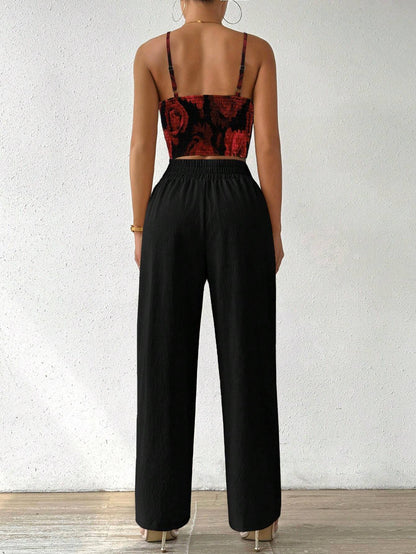 SHEIN RaffinéA Women'S Push-Up Bra Cup Strap Top with Bowknot, Elastic Straight Pants, Holiday 2Pcs Set