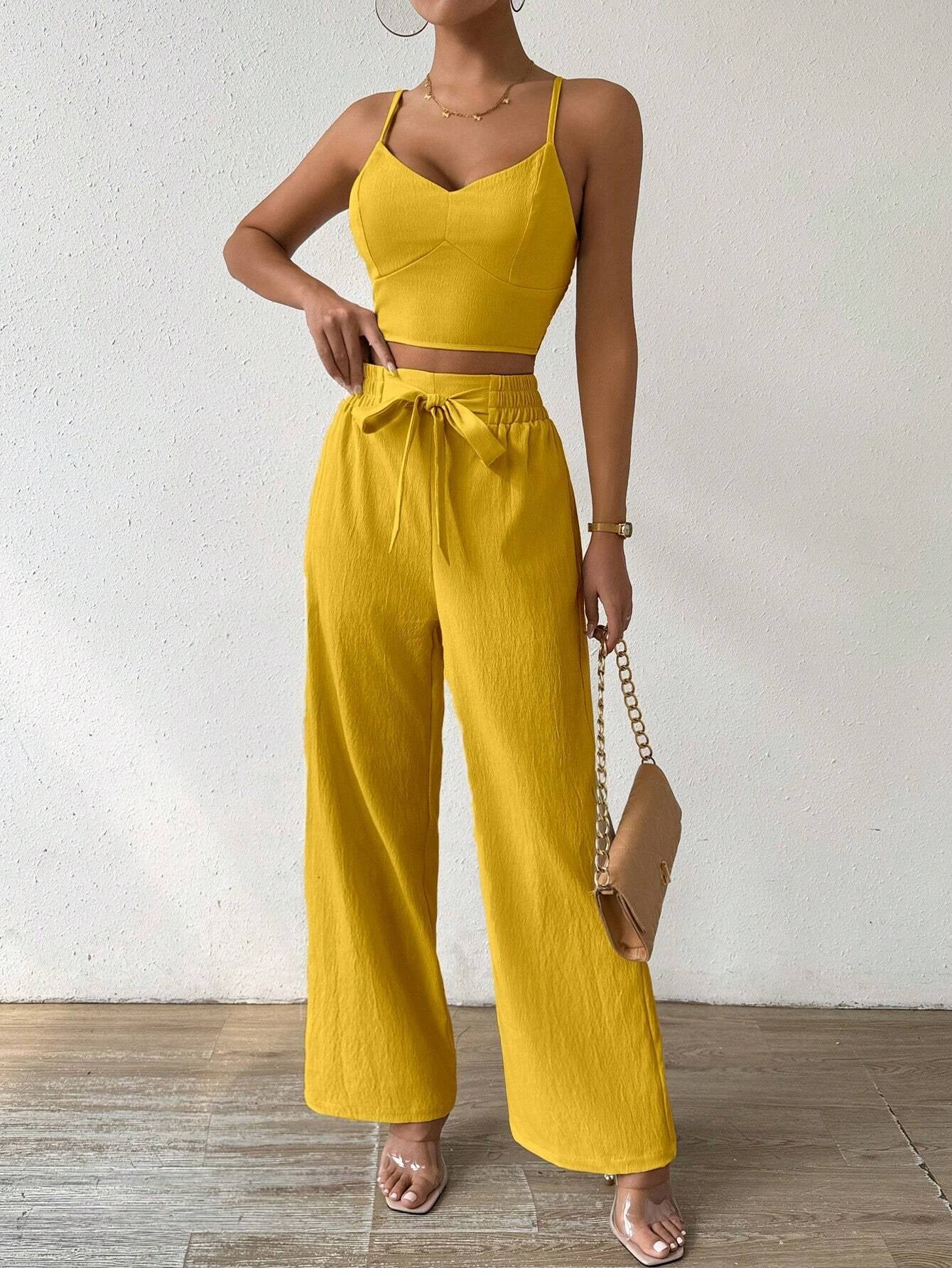 SHEIN RaffinéA Women'S Push-Up Bra Cup Strap Top with Bowknot, Elastic Straight Pants, Holiday 2Pcs Set