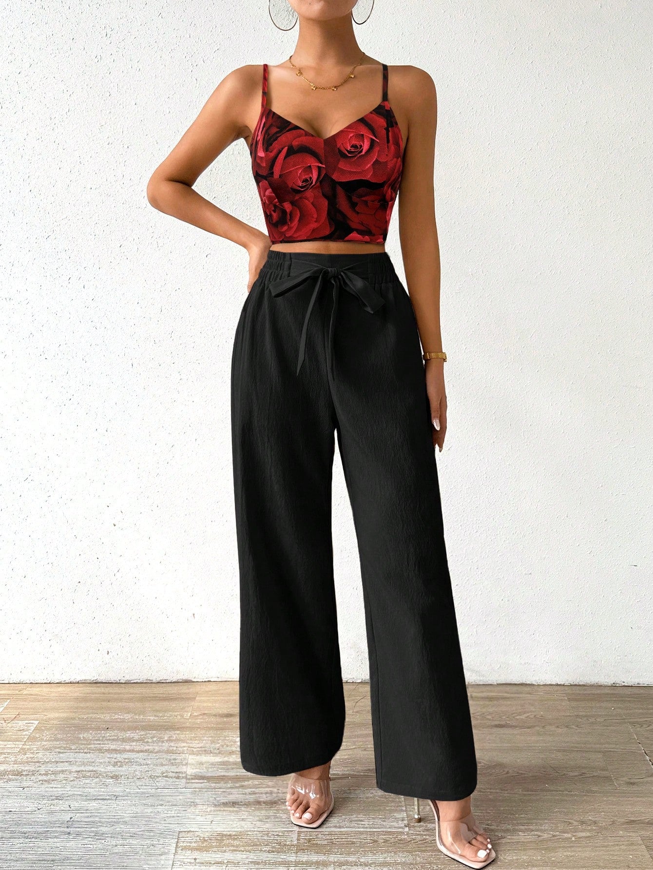 SHEIN RaffinéA Women'S Push-Up Bra Cup Strap Top with Bowknot, Elastic Straight Pants, Holiday 2Pcs Set