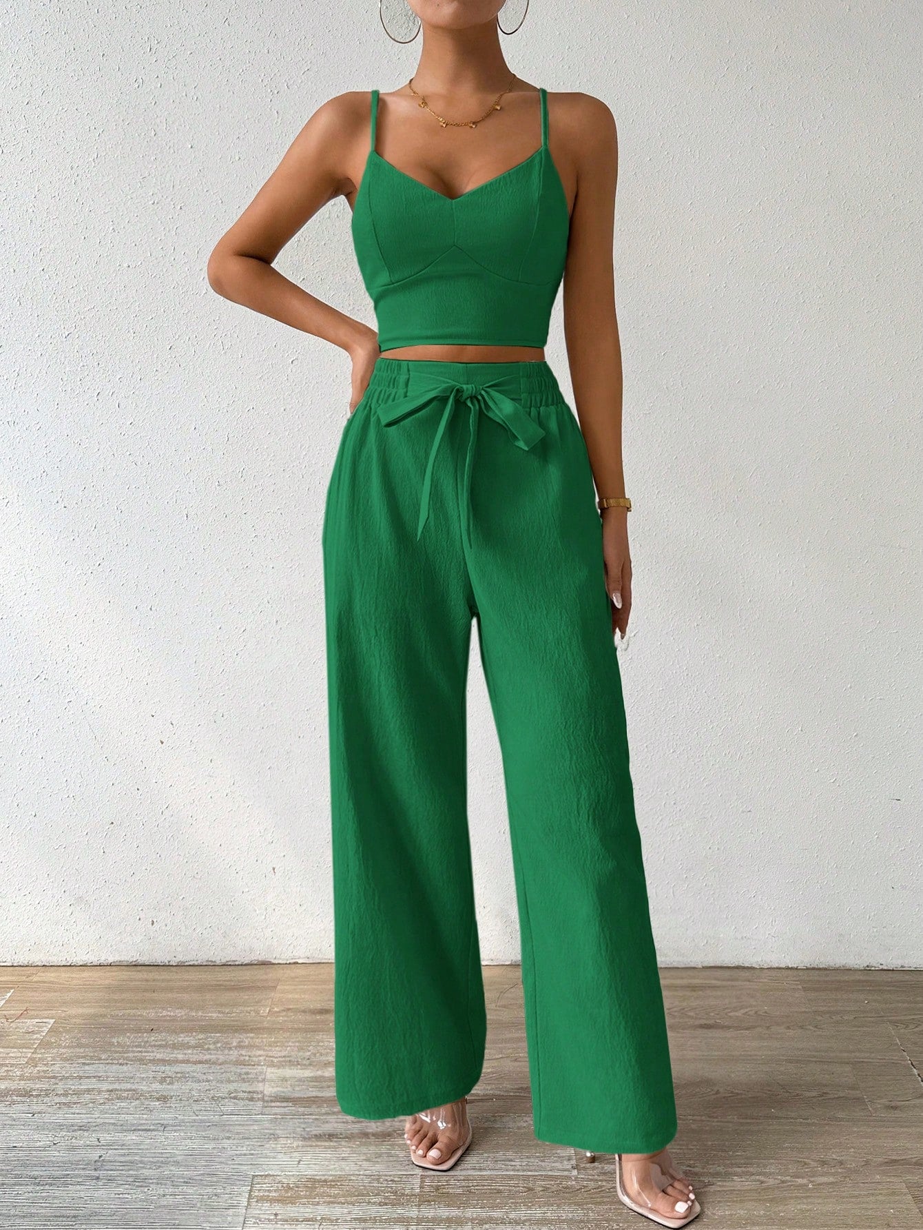 SHEIN RaffinéA Women'S Push-Up Bra Cup Strap Top with Bowknot, Elastic Straight Pants, Holiday 2Pcs Set