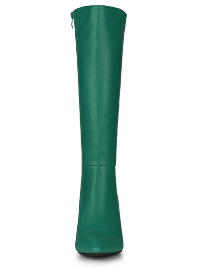 Women Pointed Toe Side Zipper Stiletto Heel Knee High Boots Dark Green 8