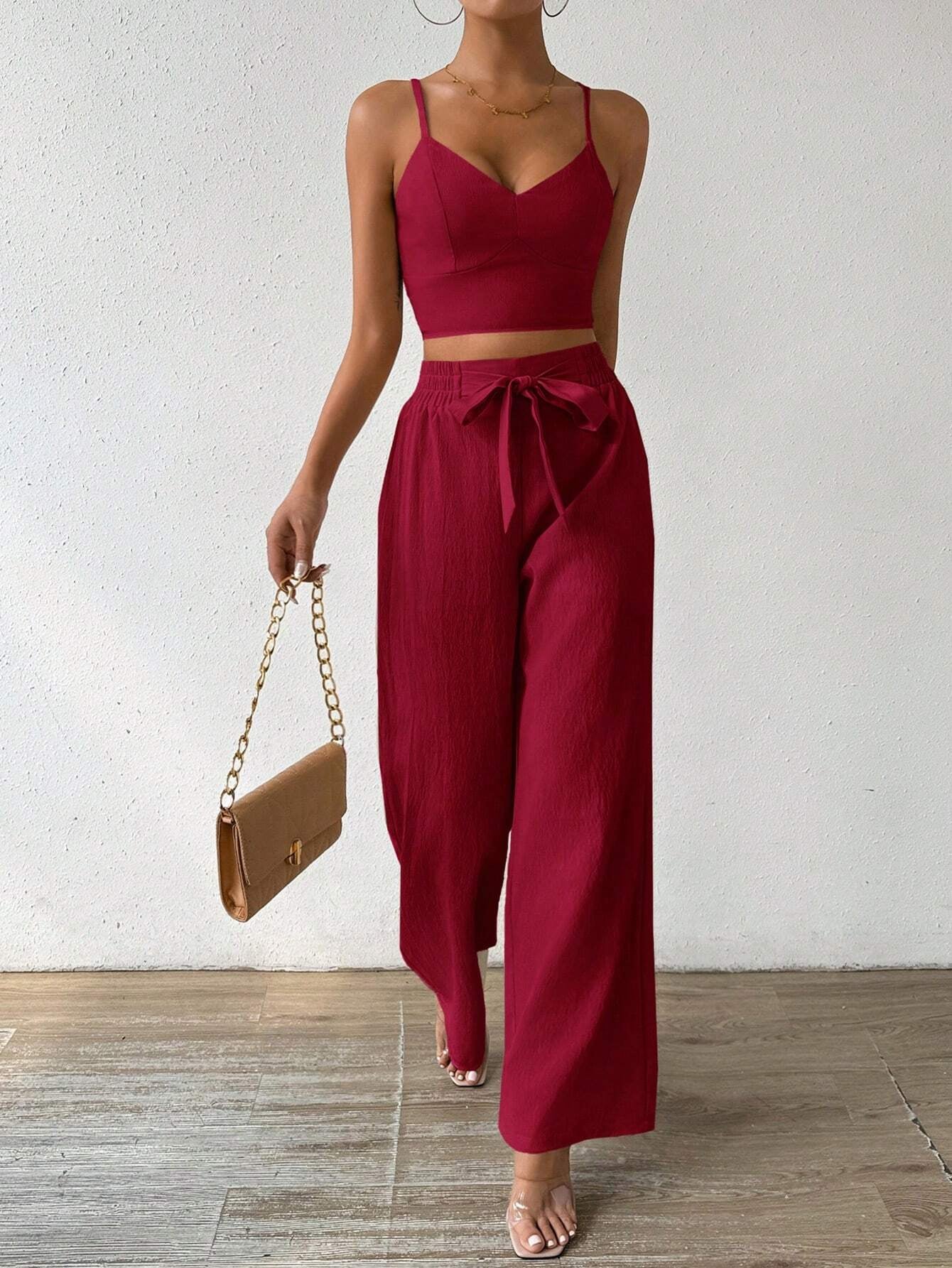 SHEIN RaffinéA Women'S Push-Up Bra Cup Strap Top with Bowknot, Elastic Straight Pants, Holiday 2Pcs Set