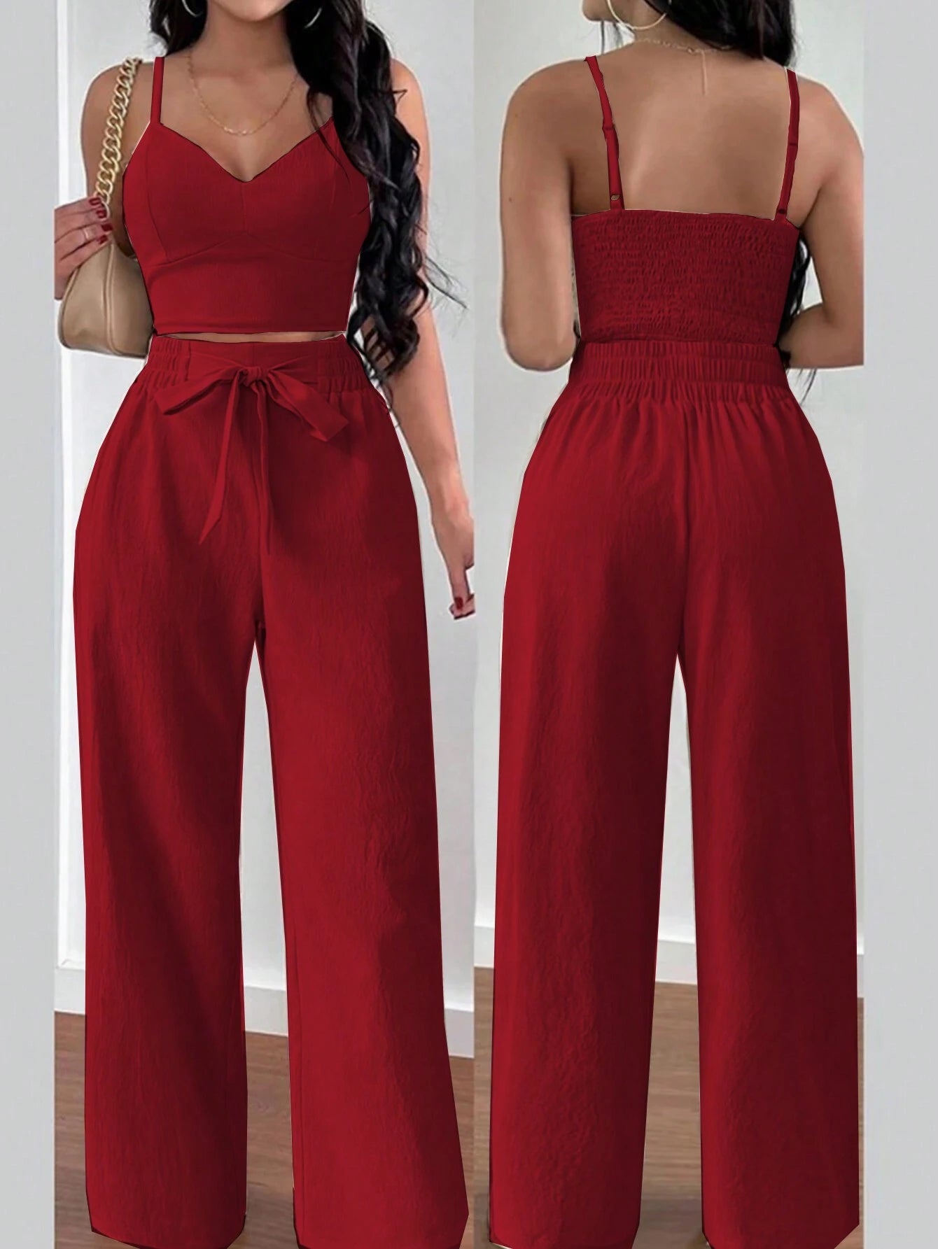 SHEIN RaffinéA Women'S Push-Up Bra Cup Strap Top with Bowknot, Elastic Straight Pants, Holiday 2Pcs Set