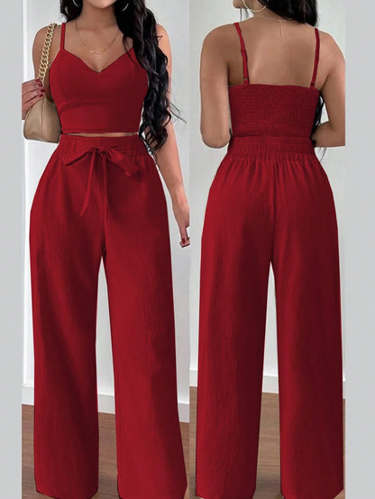SHEIN RaffinéA Women'S Push-Up Bra Cup Strap Top with Bowknot, Elastic Straight Pants, Holiday 2Pcs Set