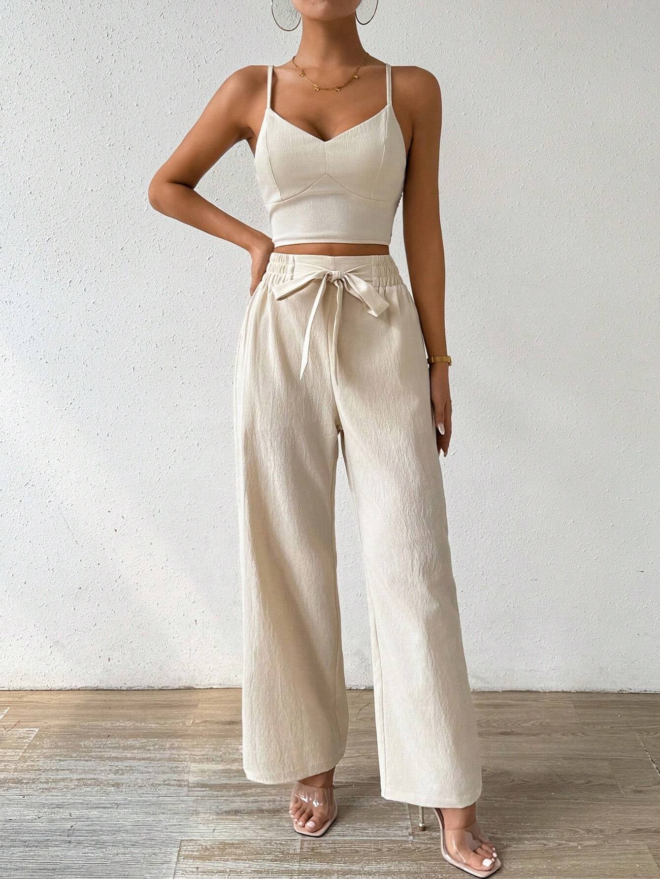 SHEIN RaffinéA Women'S Push-Up Bra Cup Strap Top with Bowknot, Elastic Straight Pants, Holiday 2Pcs Set