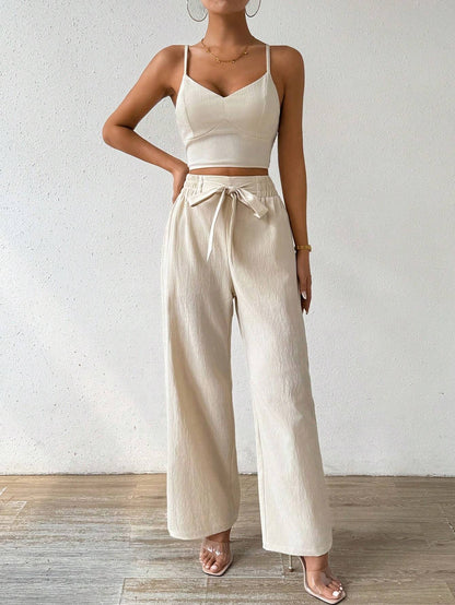 SHEIN RaffinéA Women'S Push-Up Bra Cup Strap Top with Bowknot, Elastic Straight Pants, Holiday 2Pcs Set
