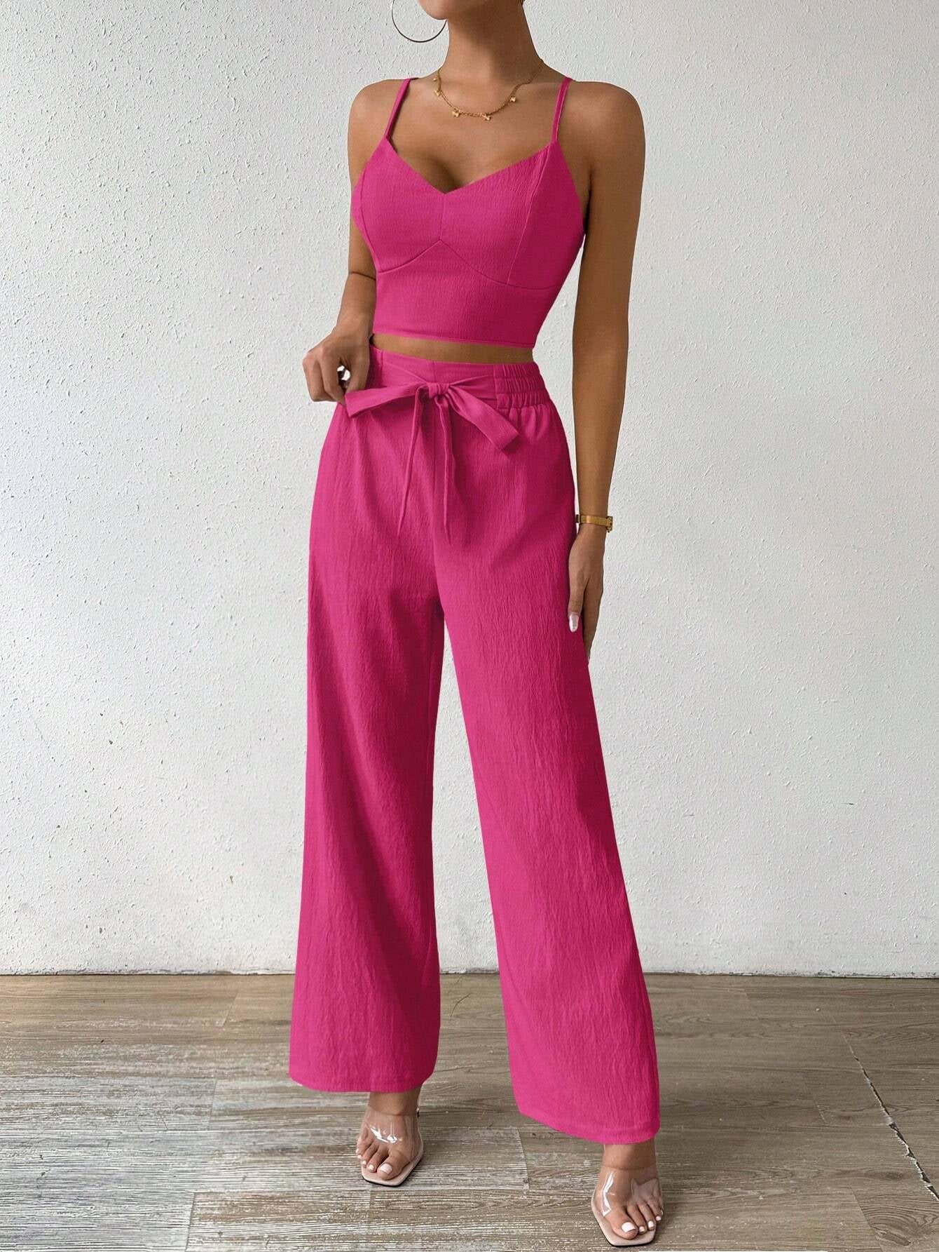 SHEIN RaffinéA Women'S Push-Up Bra Cup Strap Top with Bowknot, Elastic Straight Pants, Holiday 2Pcs Set