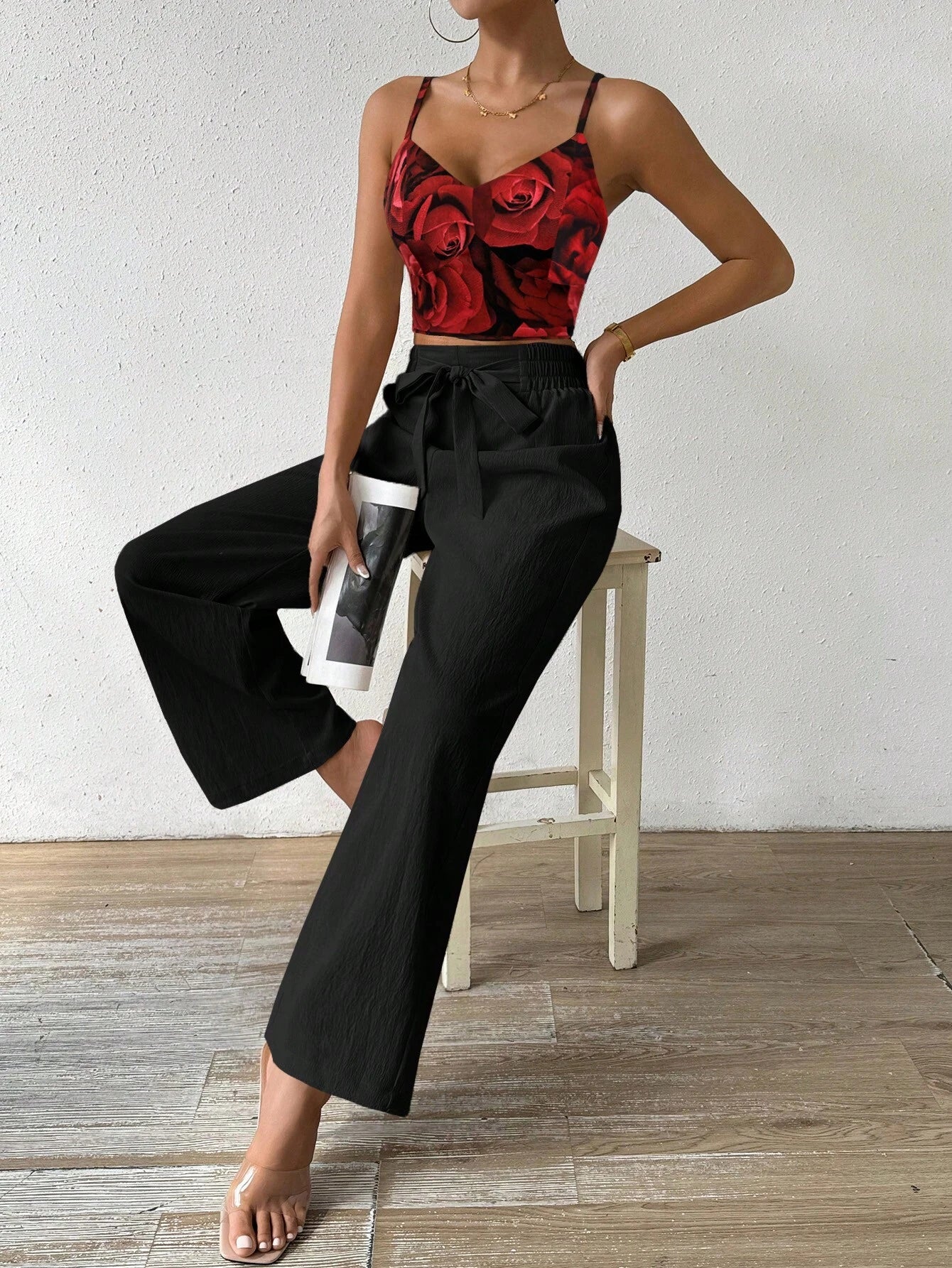 SHEIN RaffinéA Women'S Push-Up Bra Cup Strap Top with Bowknot, Elastic Straight Pants, Holiday 2Pcs Set