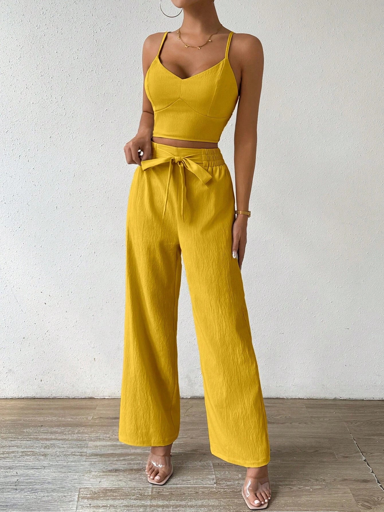 SHEIN RaffinéA Women'S Push-Up Bra Cup Strap Top with Bowknot, Elastic Straight Pants, Holiday 2Pcs Set