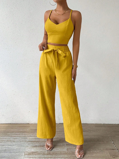 SHEIN RaffinéA Women'S Push-Up Bra Cup Strap Top with Bowknot, Elastic Straight Pants, Holiday 2Pcs Set