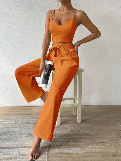 SHEIN RaffinéA Women'S Push-Up Bra Cup Strap Top with Bowknot, Elastic Straight Pants, Holiday 2Pcs Set